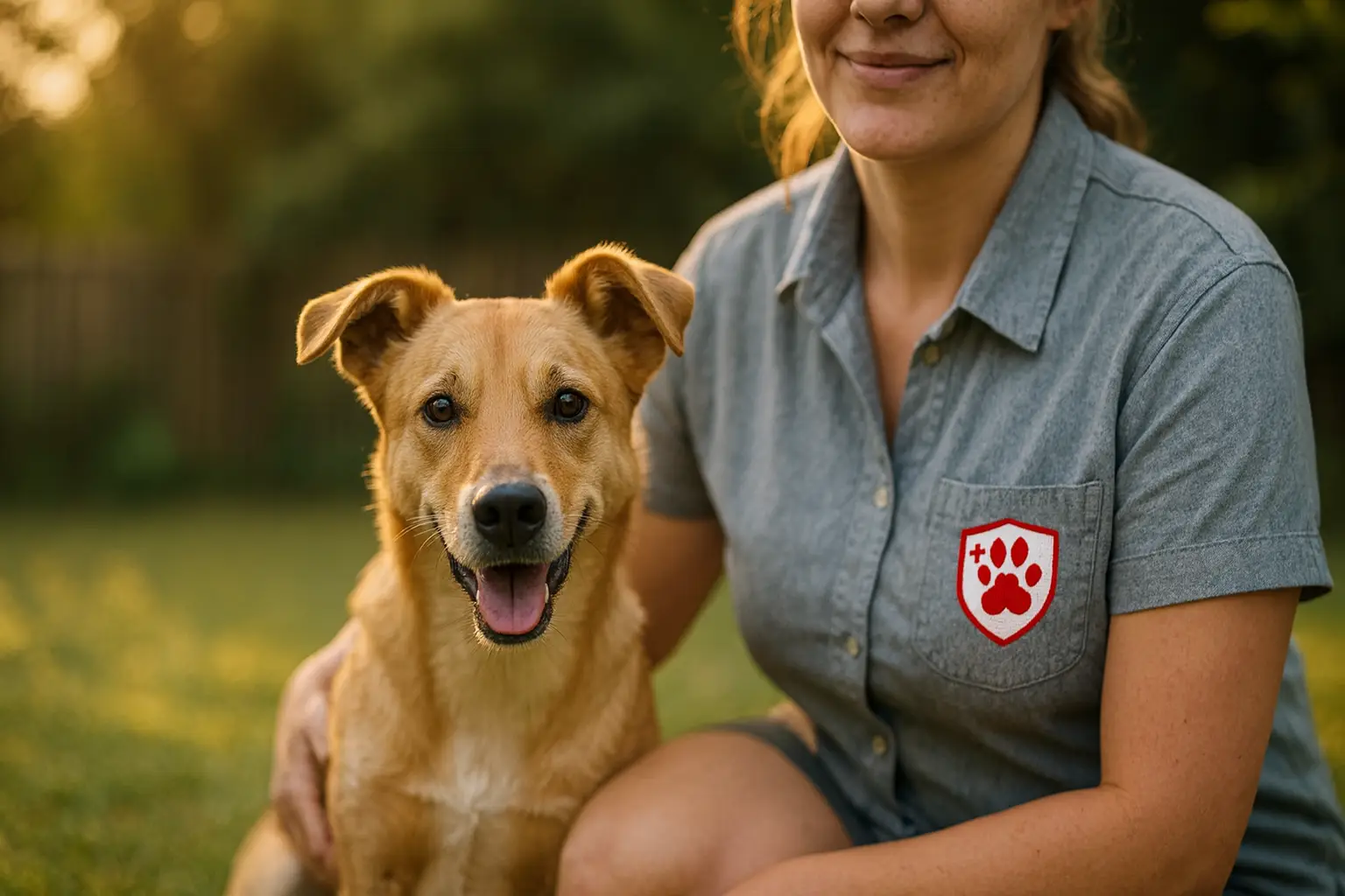 Owner kneeling beside a healthy dog with a compact PawShield first-response kit in the foreground.