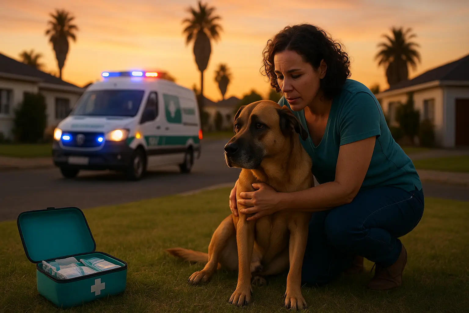 Dog owner kneeling beside their dog in a South African garden | PawShield emergency preparedness