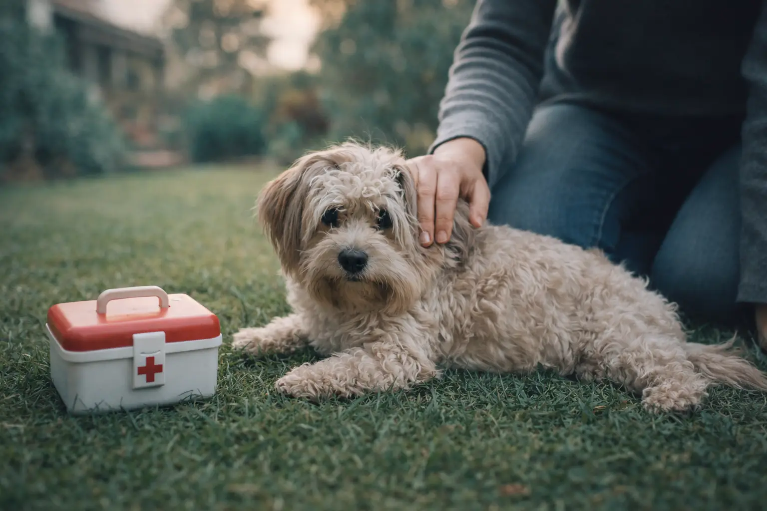 Dog owner kneeling beside their dog in a garden - PawShield emergency preparedness