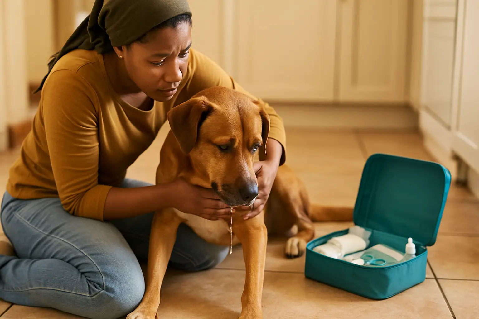 A concerned dog owner carefully observing their dog for signs of illness | PawShield